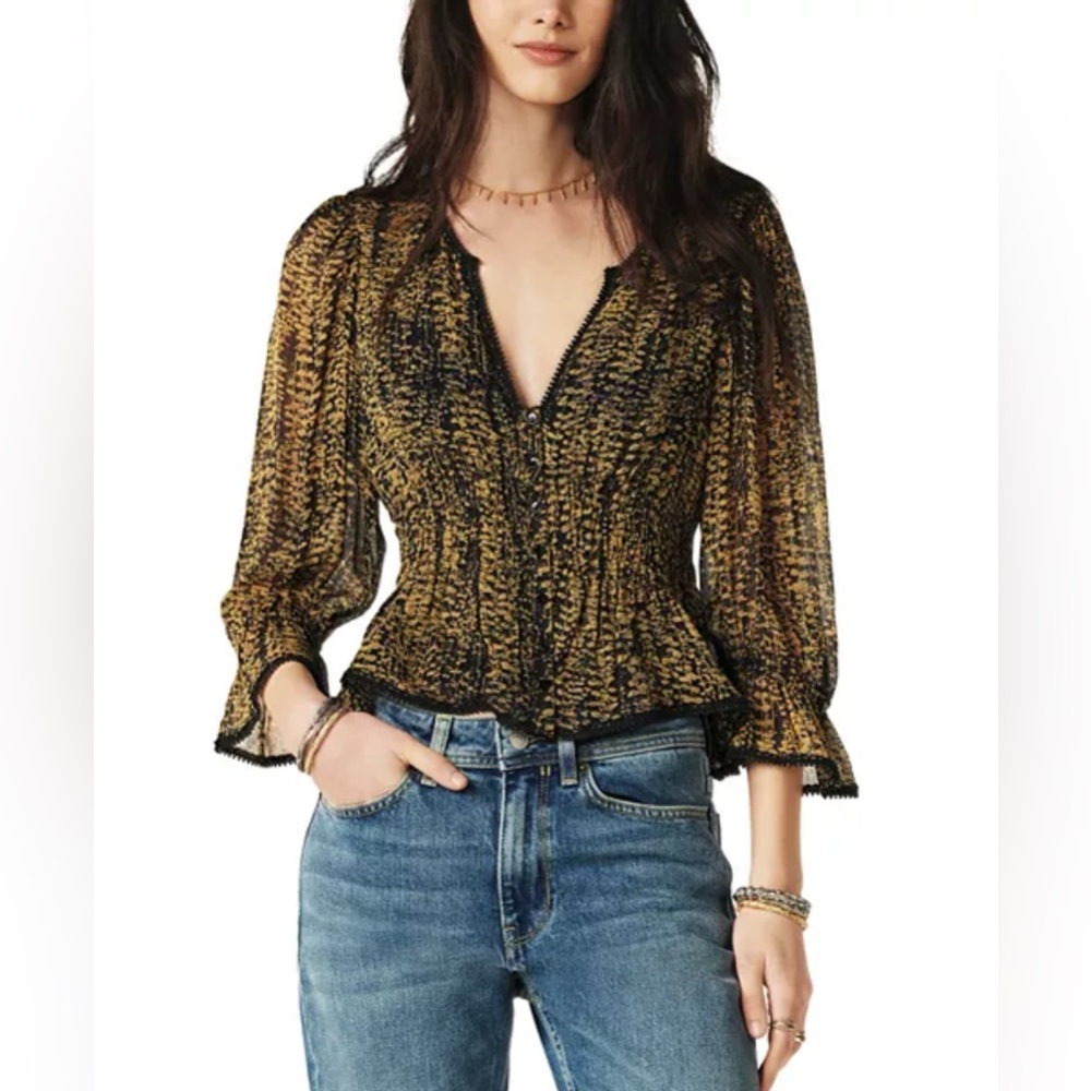 NWT ba&sh Chili Silhouette V Neck Top Button Blouse Ruffle Night Blue 1E24CHIL